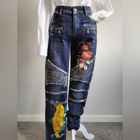 Embellish Distressed Embroidered Patched Spencer Biker Denim Jeans Size 30 - Picture 3 of 15